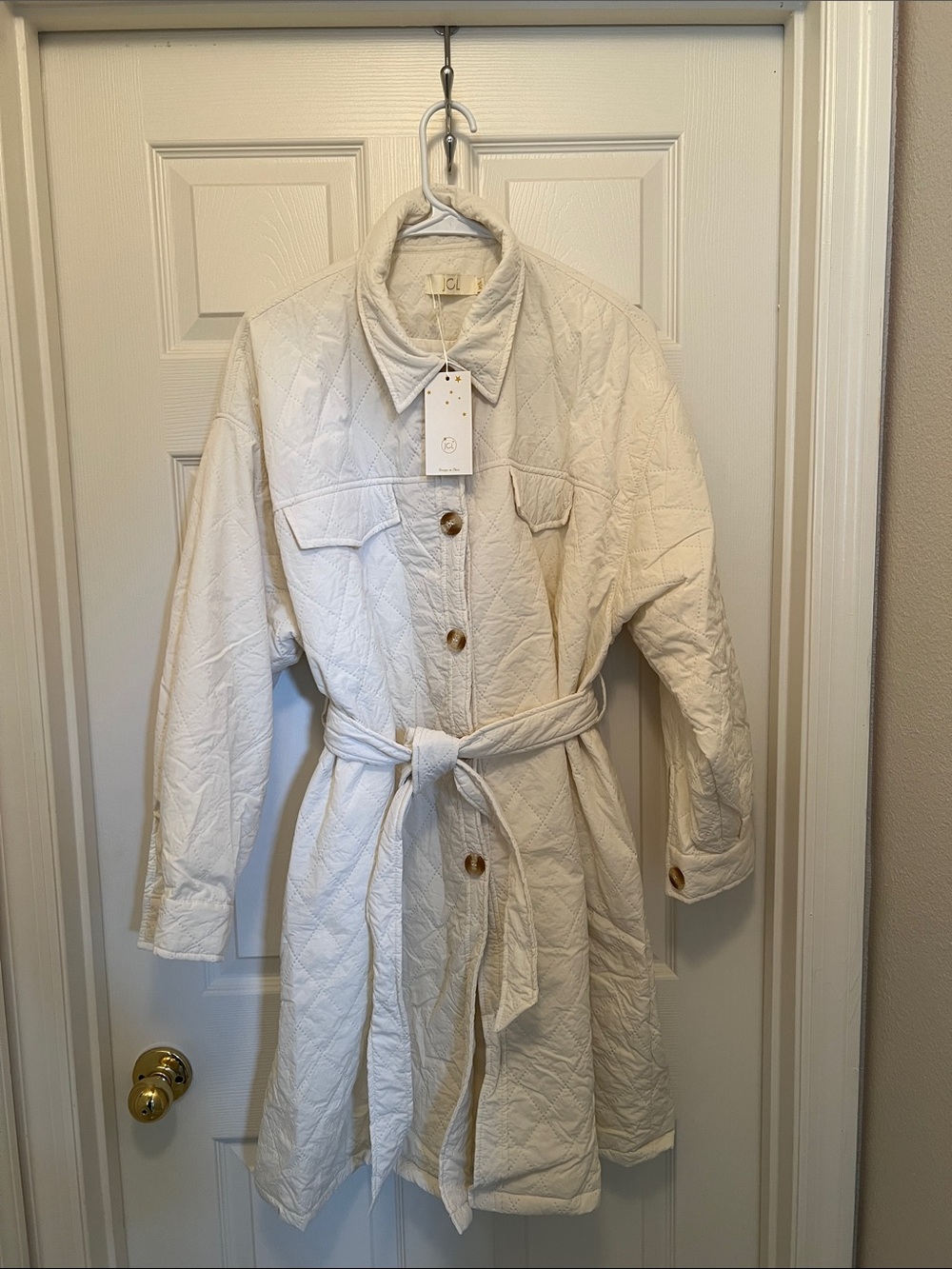 JCL Design in Paris Cream Quilted Belted Trench Coat - Women